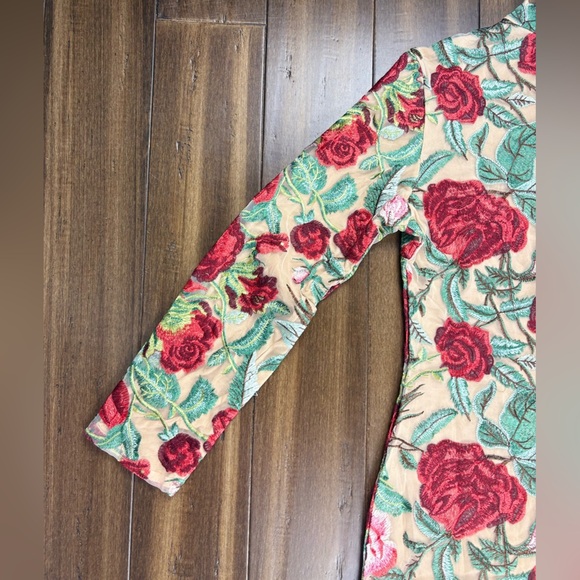 Size M Mock Neck Long Sleeve Mini Dress 3D Flowers Bodycon Tulle Red Pink Green - Picture 12 of 14